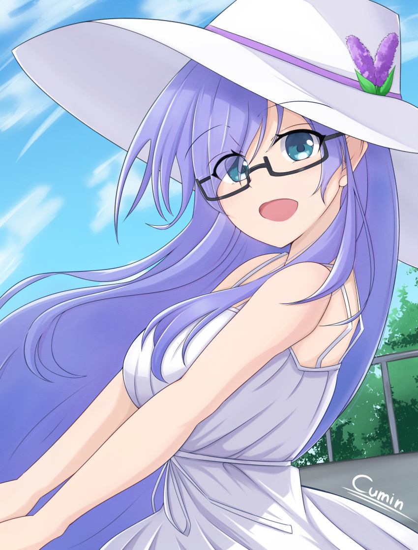 1girl 22/7 :d absurdres alternate_hairstyle artist_name black-framed_eyewear blue_eyes blue_hair cloud cowboy_shot dress facing_to_the_side floating_hair from_side hair_down hat highres light_blue_hair long_hair looking_at_viewer maruyama_akane open_mouth outdoors railing rectangular_eyewear semi-rimless_eyewear sky sleeveless sleeveless_dress smile solo sun_hat takumitu_711 under-rim_eyewear white_dress white_hat