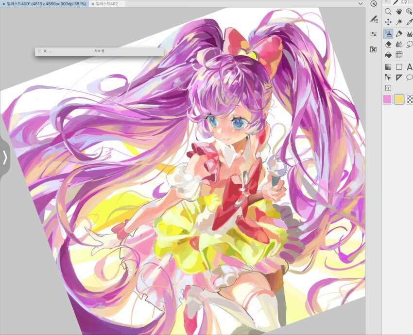 1girl art_program_in_frame blue_eyes bow clip_studio_paint_(medium) collar detached_collar detached_sleeves dress floating_hair hair_bow highres holding holding_microphone idol idol_clothes large_bow light_blush light_smile long_hair looking_to_the_side manaka_laala medium_dress microphone multicolored_dress pink_bow pink_dress pink_shoes pretty_series pripara puffy_short_sleeves puffy_sleeves purple_hair red_bow shoes short_sleeves sleeveless sleeveless_dress solo sycisycii thighhighs twintails very_long_hair white_collar white_dress white_sleeves white_thighhighs wrist_bow yellow_dress zettai_ryouiki