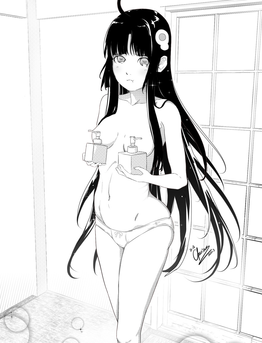 1girl ahoge araragi_tsukihi bare_shoulders black_hair blunt_bangs blush bottle breasts ccherias closed_mouth collarbone dot_nose egg_hair_ornament female_focus food-themed_hair_ornament hair_ornament highres holding holding_bottle indoors legs loli long_hair looking_at_viewer medium_breasts midriff monochrome monogatari_(series) navel no_bra panties pout sexually_suggestive shampoo_bottle solo solo_focus stomach thighs underwear very_long_hair white_panties