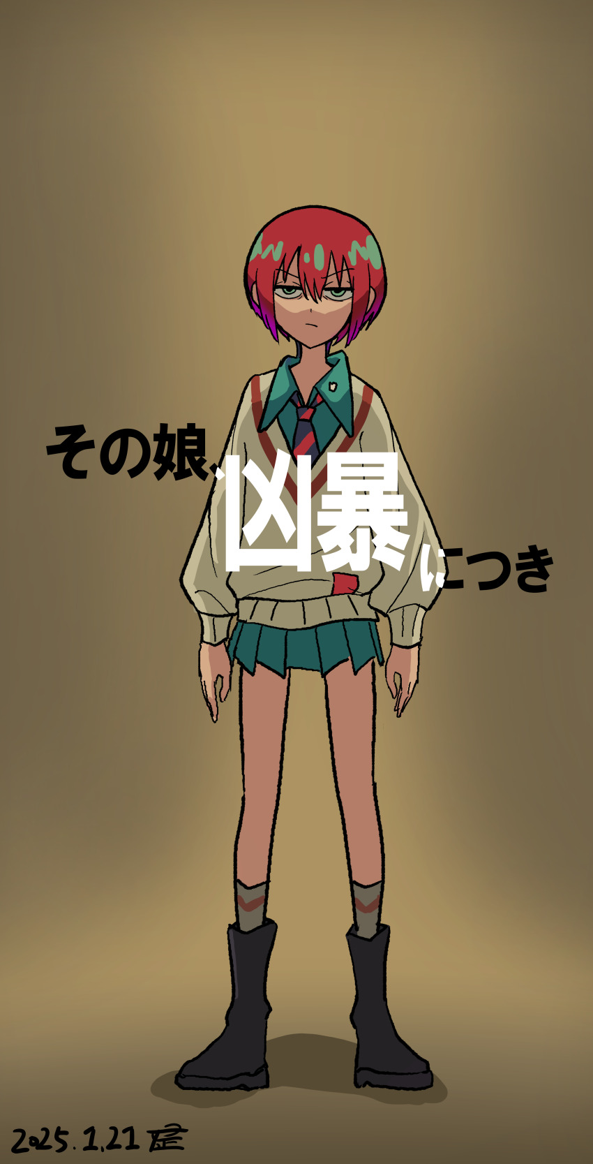 1girl absurdres amate_yuzuriha boots dated dress full_body green_eyes gundam gundam_gquuuuuux hair_between_eyes highres necktie pleated_dress red_hair school_uniform short_hair solo sweater