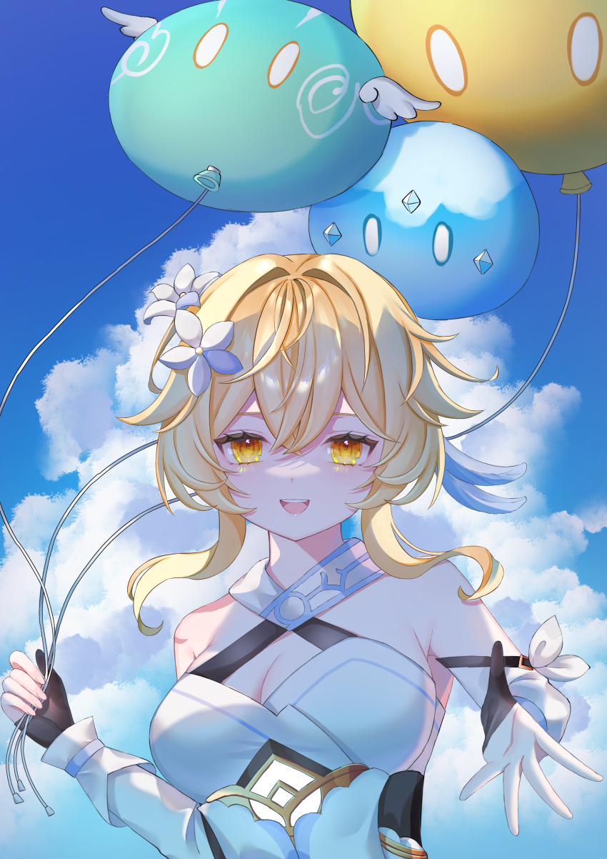 1girl absurdres anemo_slime_(genshin_impact) balloon bare_shoulders black_gloves blonde_hair blue_feathers blue_sky character_balloon cloud cloudy_sky commentary day dress feather_hair_ornament feathers flower genshin_impact gloves hair_between_eyes hair_flower hair_ornament halter_dress halterneck highres holding holding_balloon looking_at_viewer lumine_(genshin_impact) mochi_mochi052 open_mouth outstretched_hand partially_fingerless_gloves scarf short_hair_with_long_locks sky slime_(genshin_impact) smile solo teeth upper_body upper_teeth_only vambraces white_dress white_flower white_scarf yellow_eyes