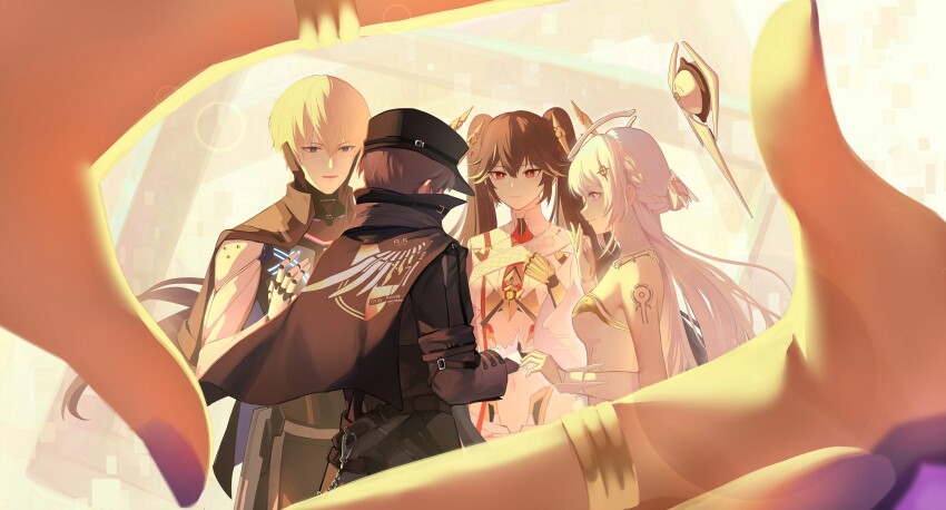 1boy 2girls 2others bare_arms bare_shoulders black_cape black_hair black_hat black_jacket braid breasts cape commandant_(pgr) cropped_shirt cyberspace dress drone emblem finger_frame floating floating_object grey_eyes half_updo halo hat highres hygge_hanrui jacket jewelry kepi lee:_hyperreal_(pgr) lee_(pgr) liv:_empyrea_(wings_of_dawn)_(pgr) liv_(pgr) long_hair lucia:_pyroath_(pgr) lucia_(pgr) mechabare mechanical_arms mechanical_halo medium_breasts military_hat military_uniform multiple_girls multiple_others navel official_alternate_costume origami paper_crane pov punishing:_gray_raven red_eyes ring shirt shoulder_tattoo stomach strapless strapless_dress tattoo twintails white_dress white_hair white_halo white_shirt