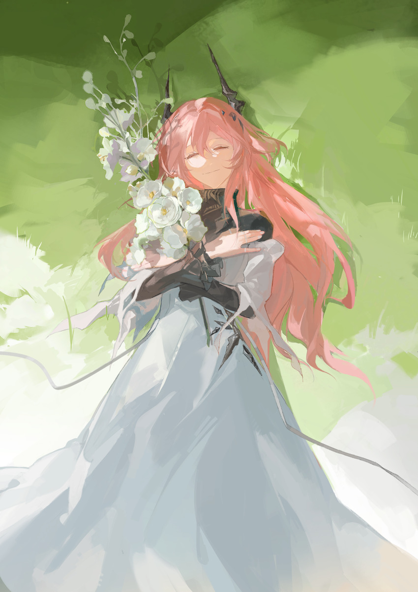 1girl absurdres arknights black_horns closed_eyes closed_mouth demon_horns dress flower grass hair_between_eyes highres holding horns hugging_object jewelry long_hair long_sleeves lying on_back on_grass pink_hair ring smile solo somnolence_(hranxy) theresa_(arknights) very_long_hair white_dress white_flower