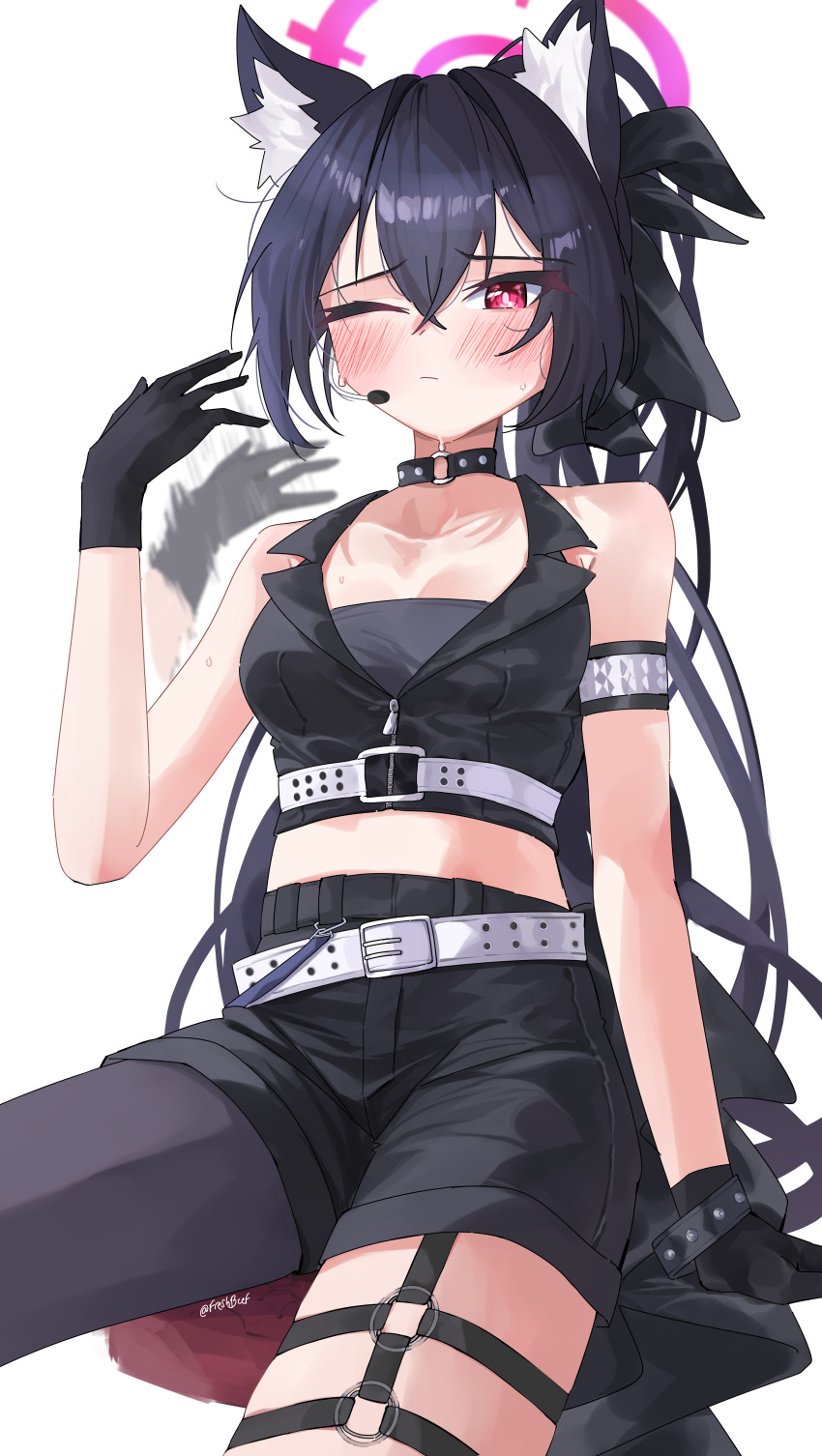 1girl ;/ absurdres afterimage animal_ear_fluff animal_ears arm_at_side bare_shoulders belt black_choker black_gloves black_hair black_ribbon black_shorts black_vest blue_archive blush breasts bright_pupils cat_ears cat_girl choker closed_mouth commentary cowboy_shot crossed_bangs english_commentary freshbeef frown gloves hair_between_eyes hair_ribbon halo hand_up highres hot idol idol_clothes long_hair looking_at_viewer midriff motion_lines o-ring o-ring_choker official_alternate_costume official_alternate_hairstyle one_eye_closed open_clothes open_vest pink_halo ponytail red_eyes ribbon serika_(blue_archive) serika_(idol)_(blue_archive) shorts simple_background single_leg_pantyhose sitting sleeveless small_breasts solo sweat twitter_username very_long_hair vest white_background white_belt zipper