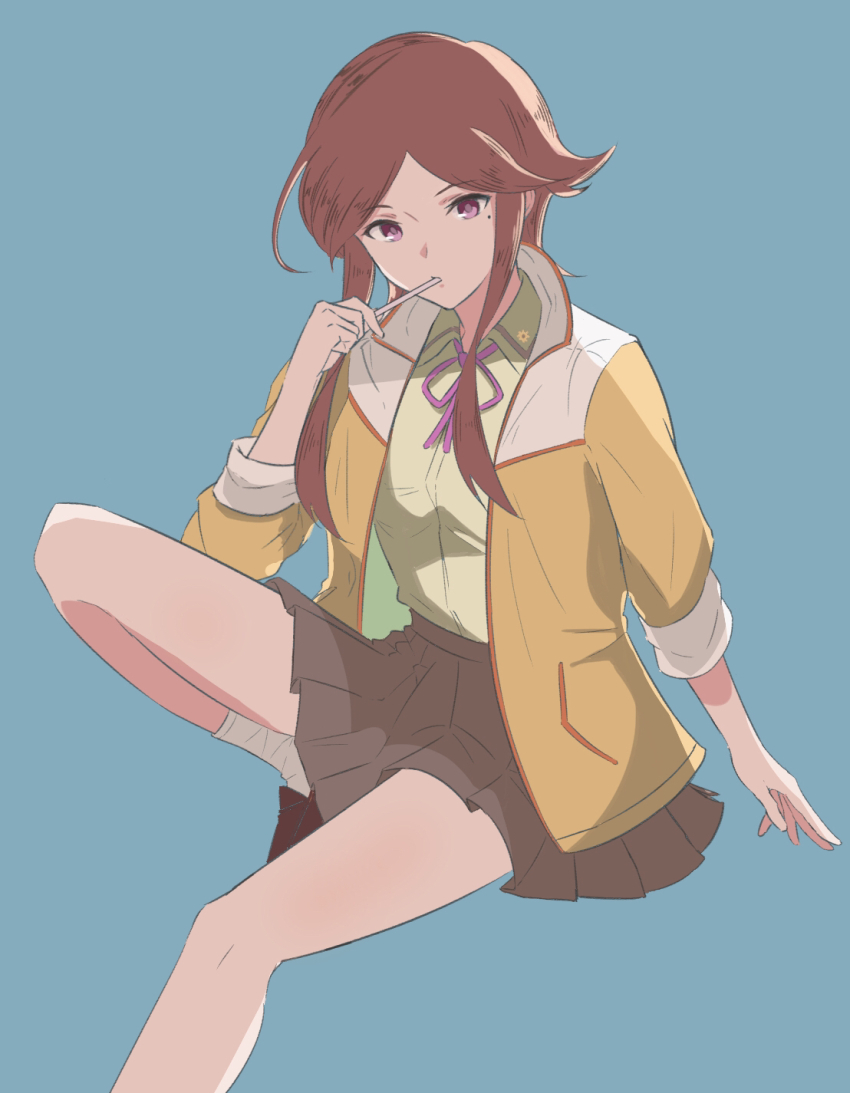 1girl blue_background brown_hair brown_skirt candy collared_shirt feet_out_of_frame food food_in_mouth green_shirt hand_up heichi highres holding holding_candy holding_food holding_lollipop jacket knee_up loafers lollipop love_live! love_live!_school_idol_festival miniskirt mole mole_under_eye multicolored_jacket neck_ribbon parted_bangs pleated_skirt purple_eyes purple_ribbon ribbon shido_misaki_(love_live!) shirt shoes short_hair_with_long_locks sidelocks simple_background sitting skirt socks solo thighs white_socks yellow_jacket