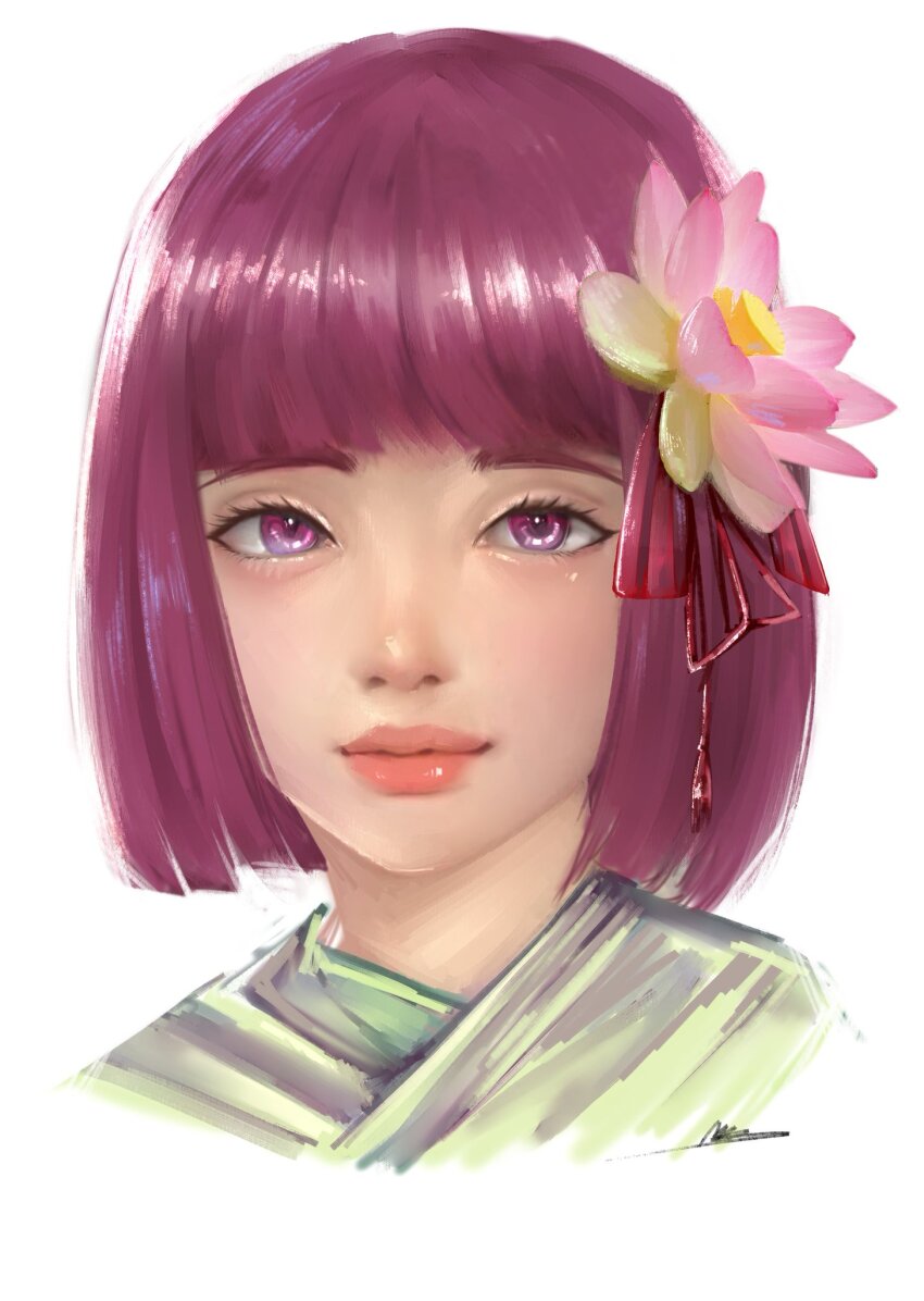 1girl bad_id bad_twitter_id blunt_bangs blunt_ends bob_cut bow closed_mouth commentary cropped_shoulders eyelashes flower green_kimono hair_bow hair_flower hair_ornament hair_ribbon hieda_no_akyuu highres japanese_clothes kimono light_blush light_smile lipstick looking_at_viewer luo_qiangwei makeup pink_eyes pink_flower pink_hair pink_lips realistic red_bow red_ribbon ribbon short_hair signature simple_background solo striped_bow tassel thick_eyebrows touhou water_lily_flower white_background