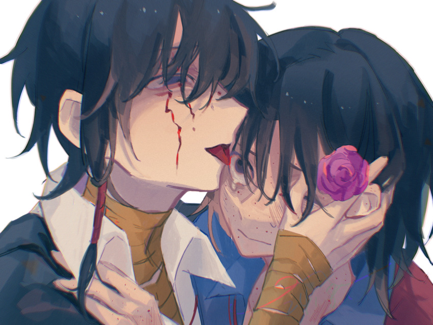 2boys black_eyes black_hair black_jacket blue_shirt chinese_commentary closed_mouth collared_shirt commentary commentary_request english_commentary eoo_(modali) facial_tattoo flower freckles fu_shun_(touqi_guaitan) hair_flower hair_ornament hand_on_another&#039;s_shoulder hand_on_own_face highres jacket licking licking_eye male_focus mixed-language_commentary multiple_boys one_eye_closed open_collar pink_flower shirt short_hair_with_long_locks simple_background tattoo touqi_guaitan translation_request white_background white_shirt yaoi ziche_fuzhao