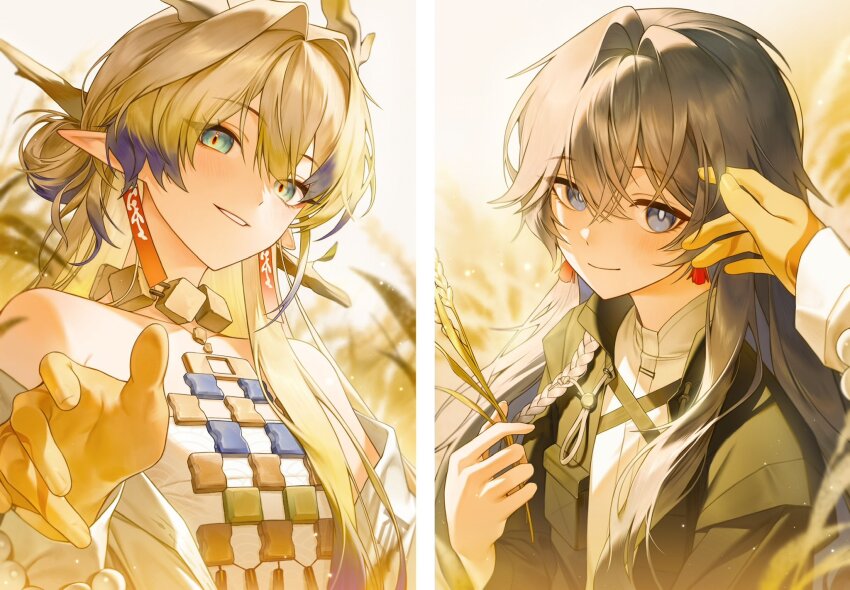 66hongcha arknights blonde_hair blush braid brown_hair choker closed_mouth couple crossed_bangs day doctor_(arknights) earrings eyelashes eyeshadow female_doctor_(arknights) gloves gradient_hair green_eyes grey_eyes hair_between_eyes hair_intakes hair_ornament hair_stick happy highres holding horns jewelry long_hair long_sleeves looking_at_viewer makeup multicolored_hair open_hand outdoors parted_lips shu_(arknights) sidelocks smile sunlight tassel tassel_earrings upper_body yellow_gloves yellow_horns yuri