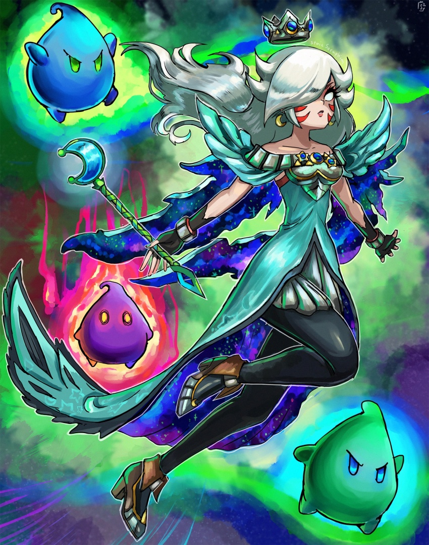 alternate_color alternate_costume alternate_earwear alternate_eye_color alternate_hair_color angry armor aura black_gloves black_thighhighs blue_eyes blue_gemstone breastplate breasts chest_jewel commentary corruption crescent crescent_earrings crescent_moon crescent_moon_print crescent_moon_symbol crescent_print crossover crown dark_persona double_helix dress earrings english_commentary eyelashes eyeshadow facial_tattoo fierce_deity fingerless_gloves floating floating_crown floating_object flying gem gloves glowing glowing_eyes green_eyes green_gemstone green_nails hair_over_one_eye hal_laboratory heart high_heels highres holding holding_wand holding_weapon jewelry knees_up leg_up legs lipstick long_hair looking_at_viewer looking_to_the_side luma_(mario) majora_(entity) makeup mario_(series) moon nail_polish nintendo no_pupils possessed possession rosalina serious skin_tight star_(symbol) stoic_seraphim super_mario_galaxy super_smash_bros. tattoo the_legend_of_zelda the_legend_of_zelda:_majora&#039;s_mask thighhighs triangle triangle_print wand weapon white_eyes white_hair wrist_guards yellow_eyes