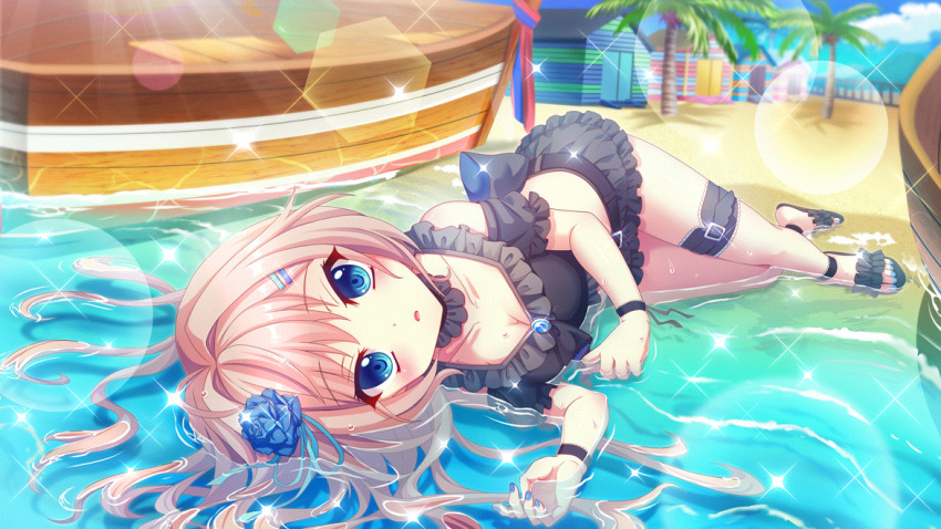 1girl beach bikini black_bikini black_garter black_sandals blue_eyes blue_flower blue_gemstone blue_rose blue_sky breasts building canoe cleavage cloud collarbone day detached_sleeves dot_nose fence film_grain flip-flops flower frilled_thigh_strap game_cg gem hair_flower hair_ornament hairclip himura_nagisa izumi_tsubasu lens_flare long_hair looking_at_viewer lying medium_breasts non-circular_lens_flare non-web_source official_art on_side outdoors palm_tree parted_lips partially_immersed partially_submerged pink_hair re:stage! rose sandals sky solo sparkle swimsuit thigh_strap tree wet
