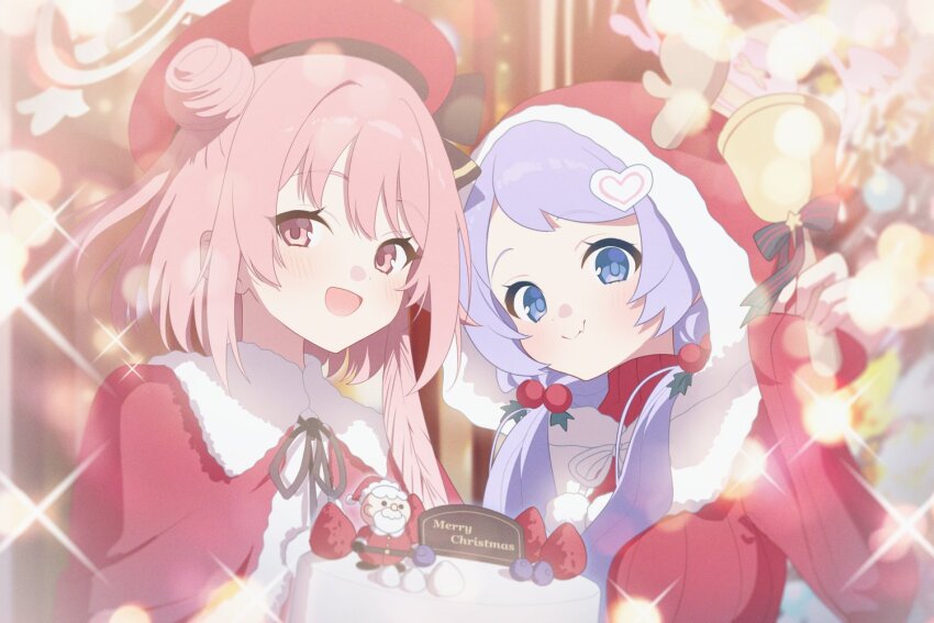2girls alternate_costume bell blue_archive blue_eyes blush breasts cake capelet christmas christmas_ornaments christmas_tree closed_mouth coat deer_costume fake_antlers food fruit hair_bun halo hanae_(blue_archive) hanae_(christmas)_(blue_archive) hat holding holding_bell hood hood_up hooded_capelet indoors kaerunrun large_breasts long_hair long_sleeves looking_at_viewer merry_christmas multiple_girls official_alternate_costume official_alternate_hairstyle open_mouth pink_eyes pink_hair pink_halo plaid_clothes purple_hair red_coat red_hat red_sweater santa_costume santa_hat serina_(blue_archive) serina_(christmas)_(blue_archive) shirt short_hair single_hair_bun sleeveless sleeveless_shirt smile sparkle strawberry sweater twintails yellow_halo