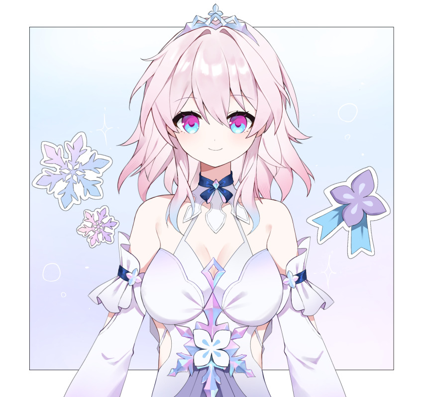 1girl bare_shoulders blue_background blue_eyes breasts cleavage detached_sleeves dress gradient_background hair_intakes highres honkai:_star_rail honkai_(series) long_sleeves looking_at_viewer march_7th_(honkai:_star_rail) march_7th_(nascent_spring)_(honkai:_star_rail) medium_hair multicolored_eyes nirako_mona pink_background pink_hair purple_eyes sleeveless sleeveless_dress smile solo tiara two-tone_eyes upper_body white_dress
