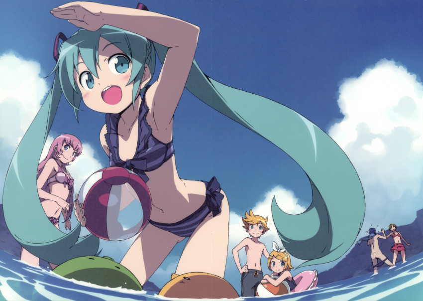 2boys 4girls :d absurdres armpits ball beach beachball bikini black_male_swimwear black_swim_trunks blue_male_swimwear blue_swim_briefs bow crease day drawstring everyone hair_ribbon hatsune_miku highres huge_filesize innertube kagamine_len kagamine_rin kaito_(vocaloid) kanzaki_hiro long_hair male_swimwear male_swimwear_pull megurine_luka meiko_(vocaloid) multiple_boys multiple_girls navel ocean open_mouth outdoors ribbon scan school_swimsuit smile striped_bikini striped_clothes swim_briefs swim_briefs_pull swim_ring swim_trunks swimsuit tabgraphics twintails vocaloid wading