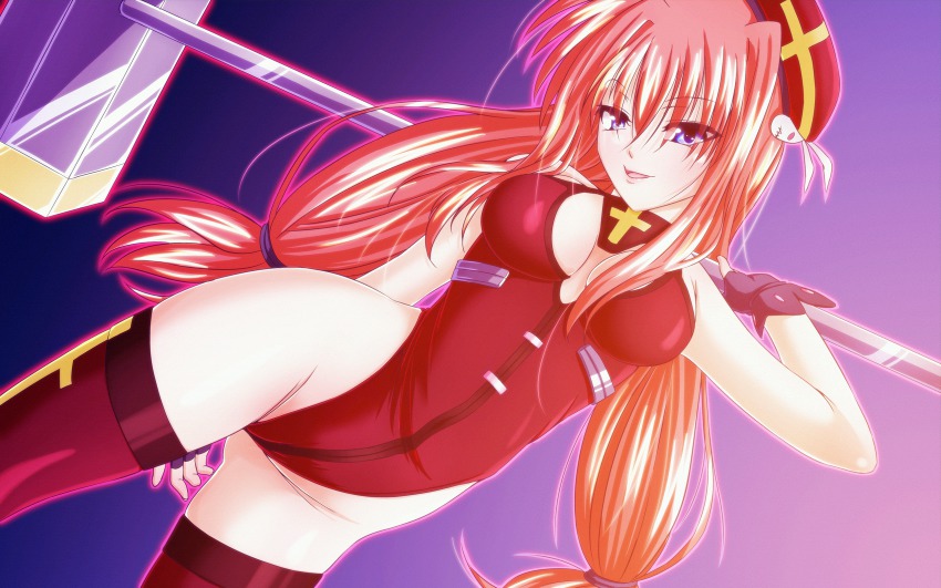 00s 1girl aged_up beret blue_eyes cleavage_cutout clothing_cutout cross dutch_angle female_focus fingerless_gloves gloves graf_eisen groin hammer hat highres holding_behind_back holding_weapon_behind_back leotard long_hair looking_at_viewer lyrical_nanoha magical_girl mahou_shoujo_lyrical_nanoha mahou_shoujo_lyrical_nanoha_a&#039;s mahou_shoujo_lyrical_nanoha_strikers orange_hair red_hair smile solo tappa_(esperanza) thighhighs twintails very_long_hair vita_(nanoha) weapon