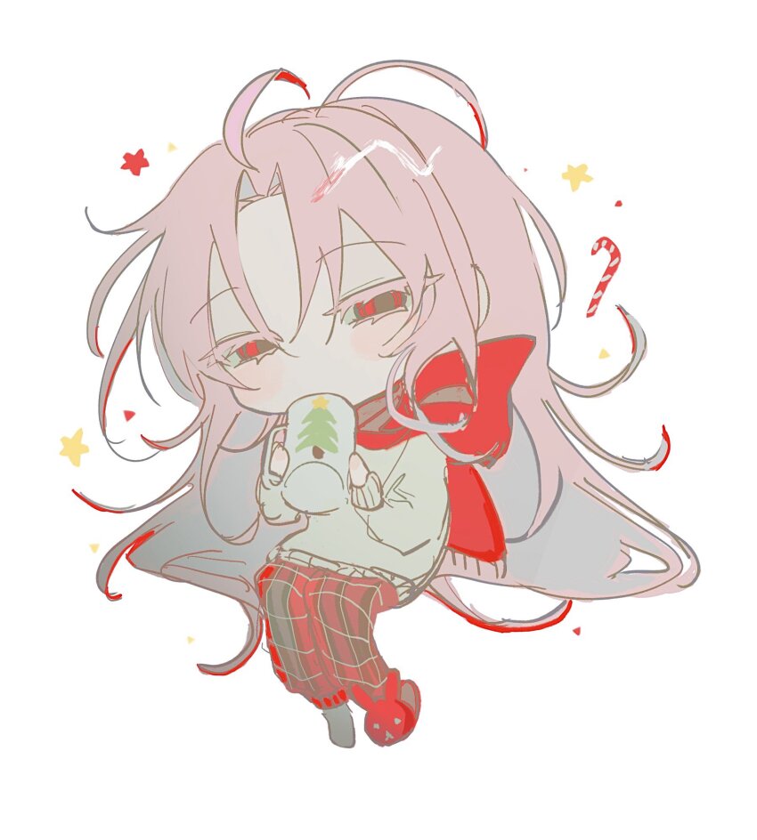 1boy ahoge alternate_costume animal_slippers bow candy candy_cane chibi chibi_only colored_eyelashes cup food hatsutori_hajime highres holding holding_cup long_hair male_focus mug outeqsfhknvx pants parted_bangs pink_hair plaid_clothes plaid_pants red_eyes red_pants red_scarf red_slippers saibou_shinkyoku scarf scarf_bow simple_background single_slipper slippers solo sweater white_background white_sweater