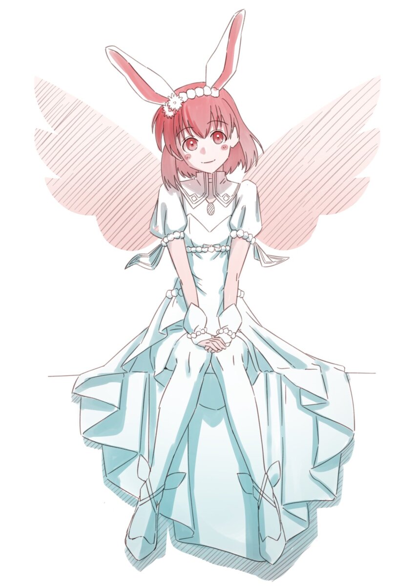 1girl aduti_momoyama animal_ears choker closed_mouth dress fire_emblem fire_emblem:_mystery_of_the_emblem fire_emblem_heroes flower hairband high_collar highres looking_at_viewer maria_(fire_emblem) maria_(spring)_(fire_emblem) nintendo own_hands_together pantyhose pink_eyes pink_hair puffy_short_sleeves puffy_sleeves rabbit_ears short_hair short_sleeves smile solo v_arms wings