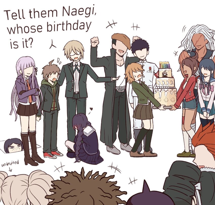 +++ 6+boys 6+girls :d ahoge asahina_aoi birthday birthday_cake black_footwear black_hair black_serafuku black_socks black_thighhighs blue_sailor_collar blunt_bangs blush braid brown_hair cake candle celestia_ludenberg character_name commentary_request crossed_arms danganronpa:_trigger_happy_havoc danganronpa_(series) dark-skinned_female dark_skin english_text enoshima_junko everyone food fujisaki_chihiro fukawa_toko full_body glasses hagakure_yasuhiro happy_birthday heart highres ikusaba_mukuro ishimaru_kiyotaka kirigiri_kyoko kmnm_1403 kneehighs kneeling kuwata_leon long_hair long_sleeves maizono_sayaka multiple_boys multiple_girls naegi_makoto no_eyes notice_lines ogami_sakura open_mouth owada_mondo pompadour purple_hair sailor_collar scar scar_on_face school_uniform serafuku shirt short_hair simple_background smile socks spiked_hair standing sweatdrop swimsuit thighhighs togami_byakuya twin_braids v_arms white_background white_shirt white_socks yamada_hifumi zettai_ryouiki