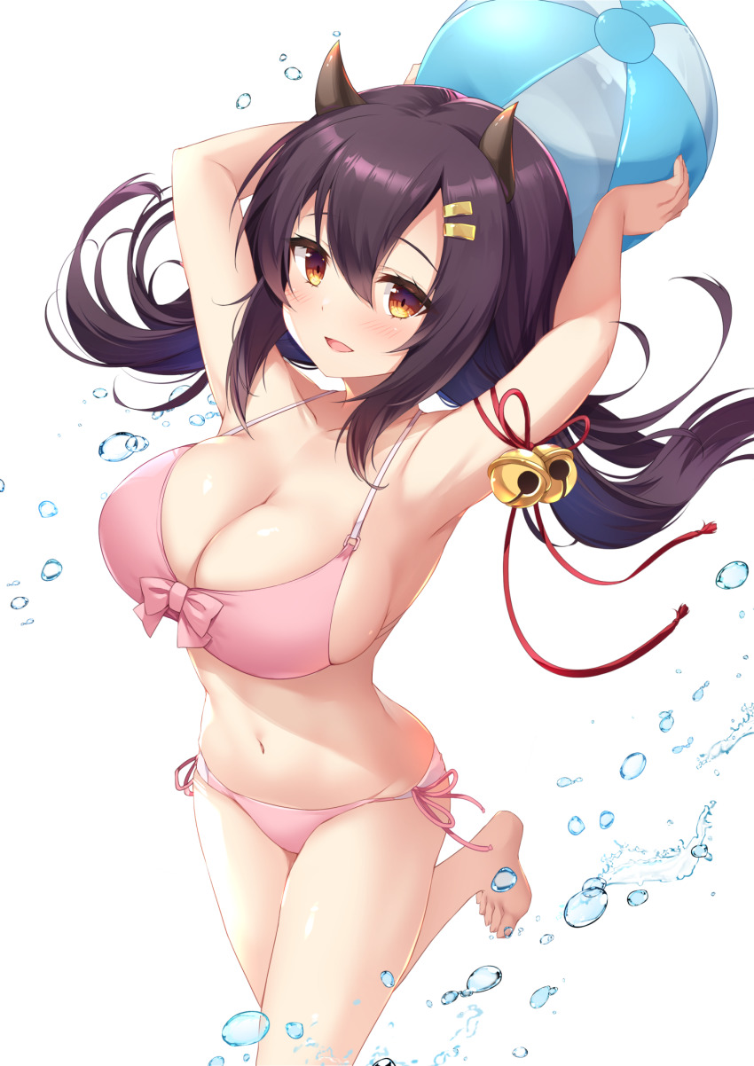 1girl amakarashi armpits arms_up azur_lane ball barefoot beachball bell bikini black_hair breasts brown_eyes cleavage collarbone commentary_request commission feet hair_between_eyes hair_ornament hairclip highres holding holding_ball horns large_breasts long_hair looking_at_viewer nagara_(azur_lane) navel open_mouth pink_bikini pixiv_commission side-tie_bikini_bottom sidelocks simple_background smile solo standing standing_on_one_leg stomach swimsuit toes water_drop white_background