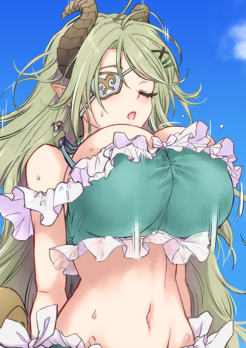 1girl alternate_costume bikini blue_sky blush bouncing_breasts breasts brown_horns closed_eyes cloud commentary_request cropped curled_horns day demon_girl demon_horns eyelashes eyepatch frilled_bikini frills green_bikini green_hair hair_ornament hairpin highres horns huge_breasts jyaco long_hair motion_lines multiple_hairpins musical_note nanashi_inc. navel open_mouth outdoors pointy_ears radio sekishiro_mico sexually_suggestive sky solo stomach sweat swimsuit textless_version upper_body variant_set very_long_hair virtual_youtuber x_hair_ornament