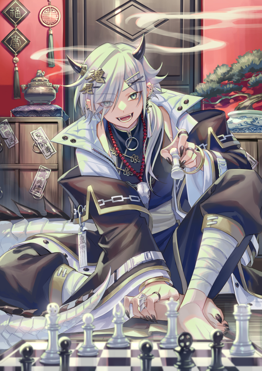1boy absurdres bandaged_leg bandages barefoot black_horns black_kimono black_nails black_pants board_game chess chess_piece commentary_request ear_piercing eyes_visible_through_hair fangs full_body green_eyes grey_hair hair_ornament highres holding holding_chess_piece horns indoors japanese_clothes jewelry kimono long_hair long_sleeves looking_at_viewer male_focus nail_polish necklace open_mouth original pants piercing ring sitting smile solo suzaku_(zaku6584) toenail_polish toenails wide_sleeves x_hair_ornament
