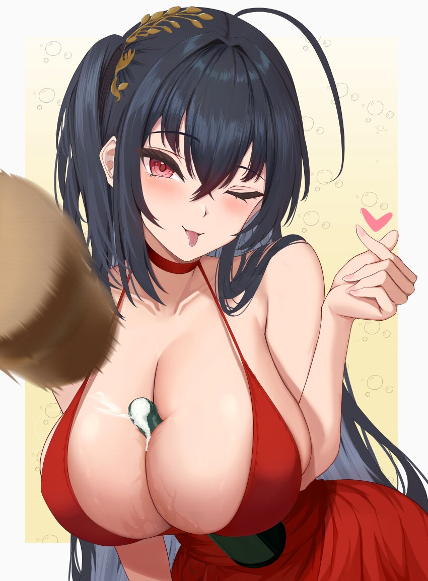 1girl absurdres alcohol azur_lane bare_shoulders between_breasts black_hair breasts champagne choker cleavage cocktail_dress collarbone commentary_request cork dress evening_gown glass_bottle hair_between_eyes heart highres huge_breasts leaning_forward long_hair looking_at_viewer misoni_(kenisbyakusiki) official_alternate_costume one_eye_closed pouring pouring_onto_self red_choker red_dress red_eyes sexually_suggestive solo taihou_(azur_lane) taihou_(forbidden_fruit)_(azur_lane) very_long_hair