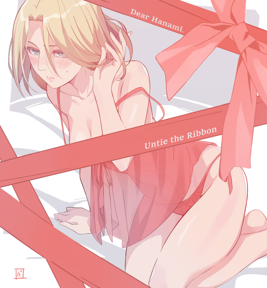 1girl annie_leonhart arm_support bare_shoulders blonde_hair blush breasts camisole cleavage closed_mouth collarbone embarrassed english_text feet_out_of_frame grasshopper193 grey_eyes half-closed_eyes highres kneeling long_hair medium_breasts panties red_camisole red_panties red_ribbon ribbon shingeki_no_kyojin side-tie_panties solo strap_slip sweatdrop underwear