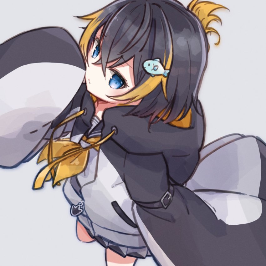 1girl black_hair black_hoodie blue_eyes fish_hair_ornament from_above grey_background hair_ornament highres hood hoodie looking_to_the_side multicolored_hair neckerchief nijisanji nijisanji_en orange_hair orange_neckerchief petra_gurin petra_gurin_(1st_costume) sailor_collar solo streaked_hair two-tone_hoodie virtual_youtuber white_hoodie yokatoyit