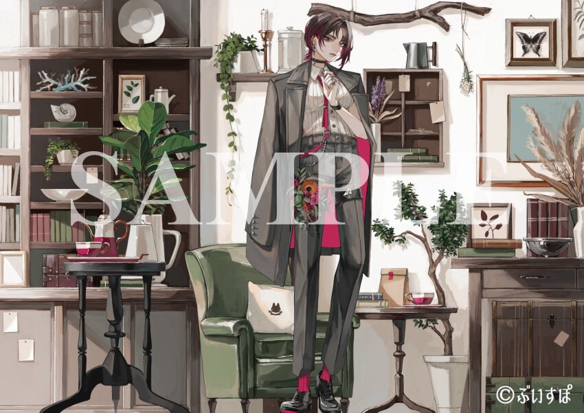 1girl armchair bag barbell_piercing black_choker black_coat black_footwear black_hair black_pants book bookshelf bouquet box branch bug butterfly candle candlestand chair choker coat coat_on_shoulders collared_shirt colored_inner_hair copyright_notice coral cup cushion drawer drawing_(object) dress_shirt ear_chain earrings expressionless fatalbug896 flower framed_insect full_body gerbera grey_eyes hair_intakes hanging_flower highres holding holding_bouquet indoors insect jewelry kisaragi_ren_(vtuber) leaf linked_piercing looking_at_viewer multicolored_eyes multicolored_hair multiple_rings neckerchief note official_art orange_flower oxfords pants paper_bag parted_bangs parted_lips piercing pink_eyes pink_flower pink_hair pink_nails pink_neckerchief pink_rose pink_socks plant plate potted_plant purple_flower reeds ring rose sample_watermark seashell shelf shell shirt short_hair sleeveless sleeveless_shirt socks solo standing suitcase table teacup teapot thigh_strap tray vase virtual_youtuber vspo! watch watermark white_shirt wristwatch