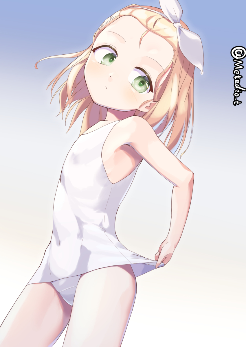 1girl adjusting_clothes adjusting_swimsuit armpits bangs_pinned_back blonde_hair blue_background bow bow_hairband closed_mouth commentary_request covered_navel flat_chest from_side gradient_background green_eyes groin_tendon hair_bow hairband head_tilt highres i-504_(kancolle) kantai_collection legs_apart looking_at_viewer looking_back looking_to_the_side luigi_torelli_(kancolle) medium_hair metadio old_school_swimsuit one-hour_drawing_challenge one-piece_swimsuit school_swimsuit solo standing straight_hair swimsuit twitter_username white_background white_bow white_hairband white_one-piece_swimsuit
