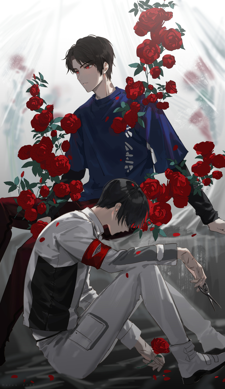 2022 2boys absurdres black_hair black_pants black_sleeves blue_shirt brothers brown_hair doran_(doran7280) fenix_uniform flower highres igarashi_daiji igarashi_ikki jacket kamen_rider kamen_rider_revice long_sleeves male_focus military military_uniform multiple_boys pants pink_eyes rain red_flower red_rose rose sad scissors shirt siblings sitting symbolism