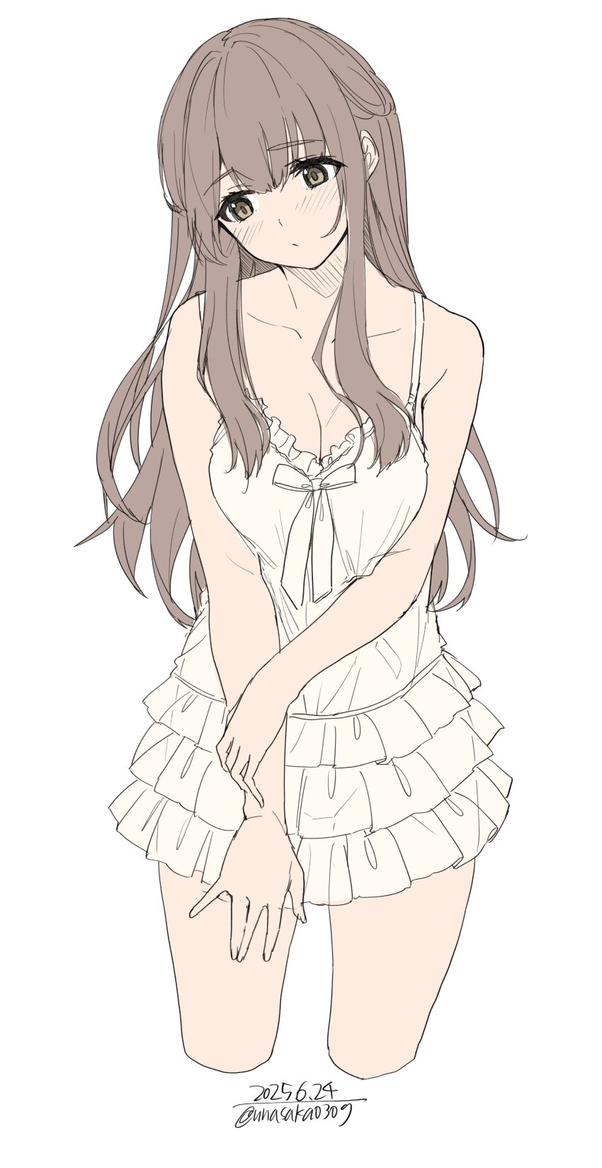 1girl absurdres bare_shoulders bow breasts brown_eyes brown_hair cleavage collarbone dress highres long_hair looking_at_viewer medium_breasts original short_dress simple_background solo unasaka_ryou white_background white_bow white_dress