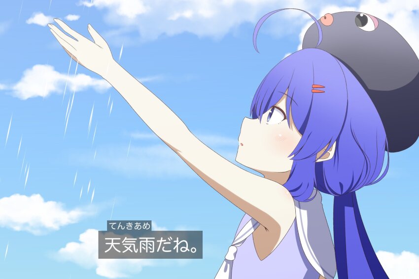 ahoge animal_hat anime_coloring arm_up armpits ascot blue_dress blue_eyes blue_hair blue_sky chaakusu cloud cloudy_sky commentary_request dress eel_hat fake_screenshot from_side hair_between_eyes hair_ornament hairclip hat highres light_blush long_hair looking_up low_twintails otomachi_una otomachi_una_(talkex) outdoors outstretched_arm parted_lips profile rain sailor_collar sailor_dress sky sleeveless sleeveless_dress sun_shower talkex twintails upper_body voiceroid white_ascot white_sailor_collar