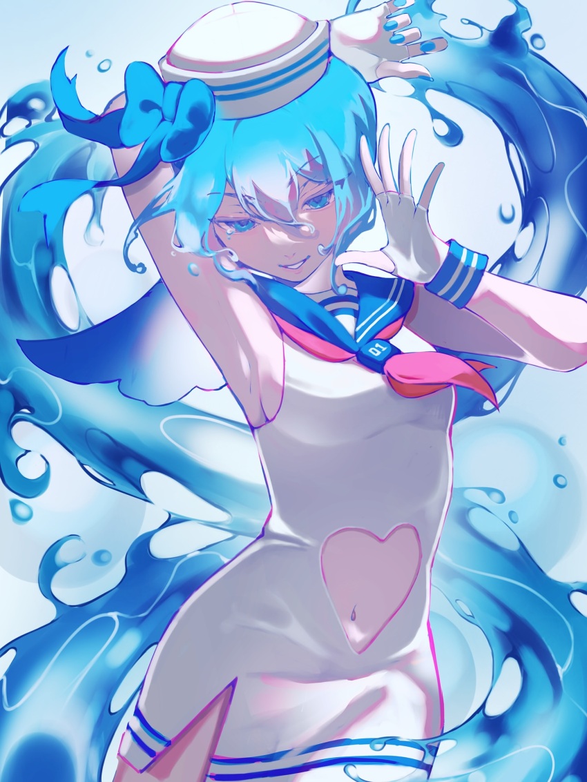 1girl arm_behind_head armpits blue_background blue_bow blue_eyes blue_hair bow breasts clothing_cutout cowboy_shot double-parted_bangs dress fingerless_gloves gloves hair_between_eyes hand_up hat hat_bow hatsune_miku heart_cutout highres liquid_hair long_hair looking_at_viewer navel navel_cutout parted_lips sleeveless sleeveless_dress small_breasts smile solo twintails very_long_hair vocaloid vyeranika water white_dress white_gloves white_hat