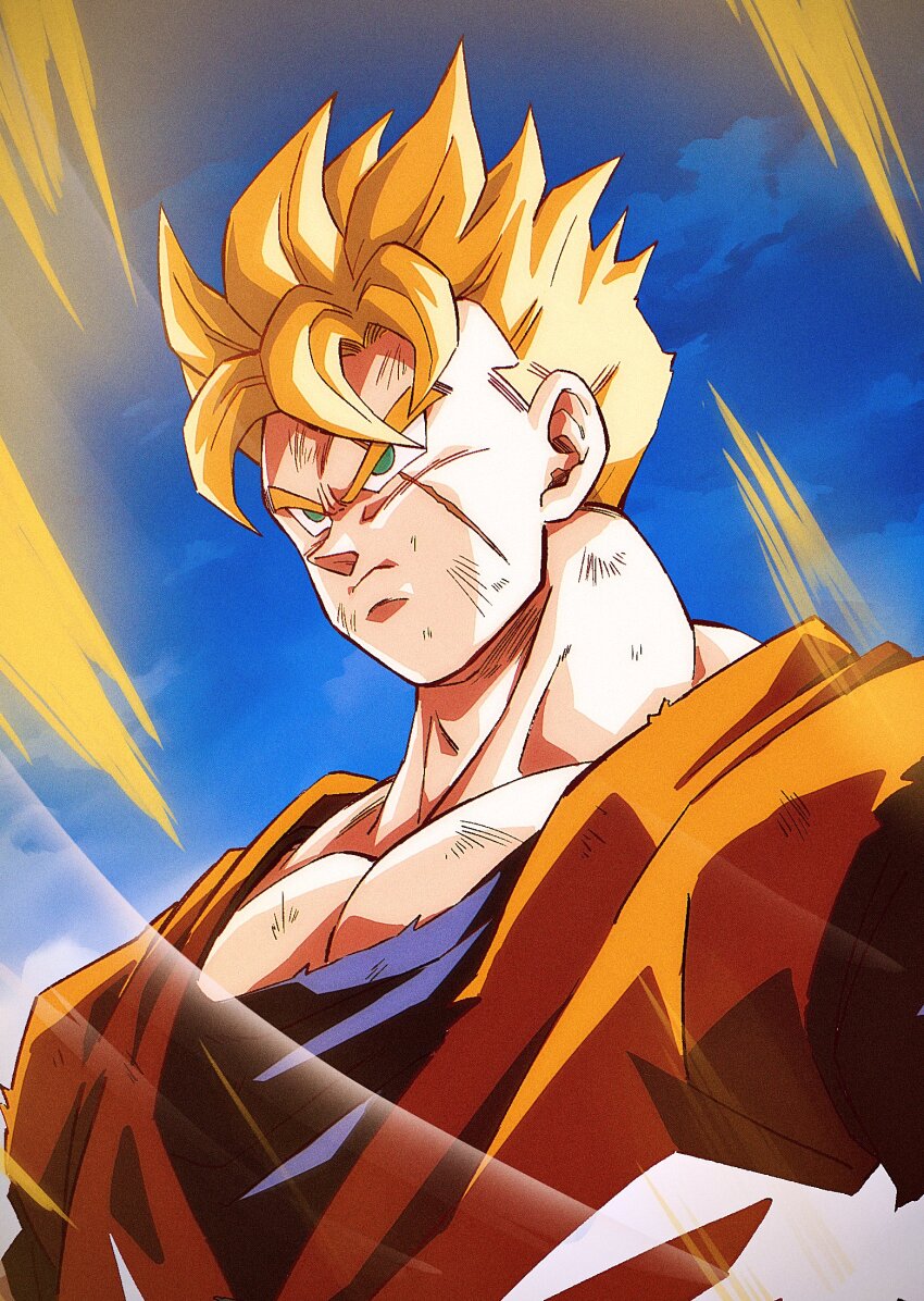 1boy aura blonde_hair dragon_ball green_eyes highres muscular muscular_male pectorals scar scar_across_eye scar_on_face scratches serious solo son_gohan_(future) spiked_hair super_saiyan