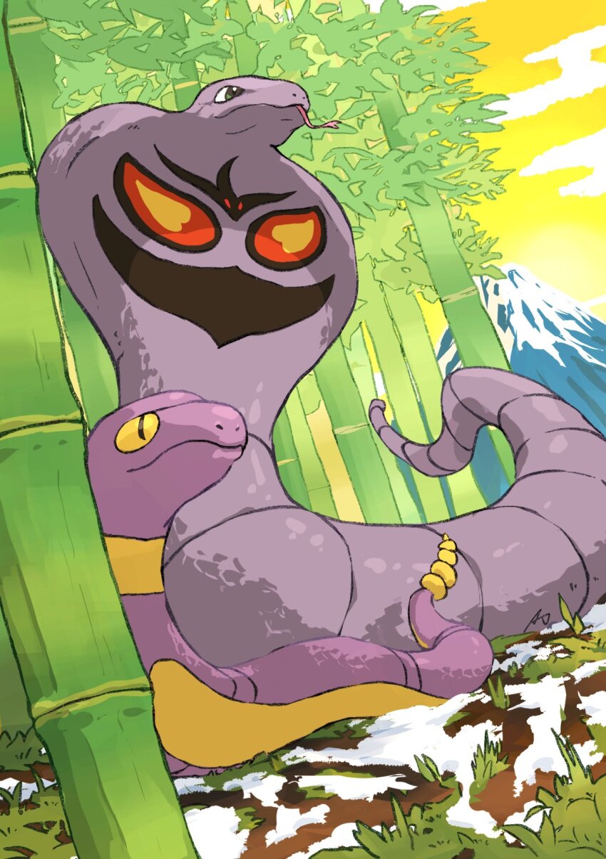aomon_(yuuji7604) arbok bamboo bamboo_forest chinese_zodiac colored_sclera ekans forest forked_tongue gen_1_pokemon green_eyes highres mountain nature nintendo no_humans pokemon sky slit_pupils snow tongue year_of_the_snake yellow_sclera yellow_sky