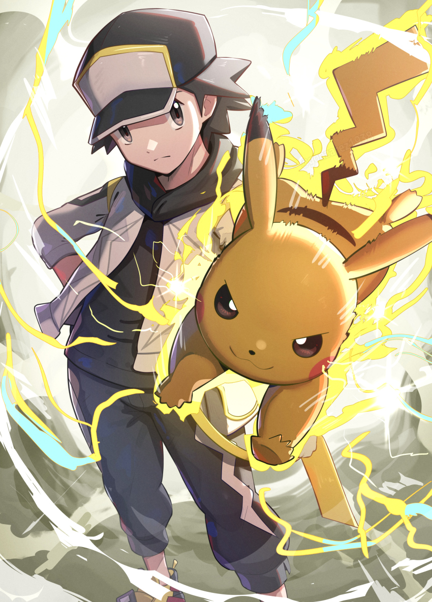 1boy absurdres capri_pants closed_mouth commentary_request electricity gen_1_pokemon gonzarez hat head_tilt highres jacket male_focus nintendo official_alternate_costume open_clothes open_jacket pants pikachu pokemon pokemon_(creature) pokemon_masters_ex red_(pokemon) red_(sygna_suit)_(thunderbolt)_(pokemon) shoes short_hair standing