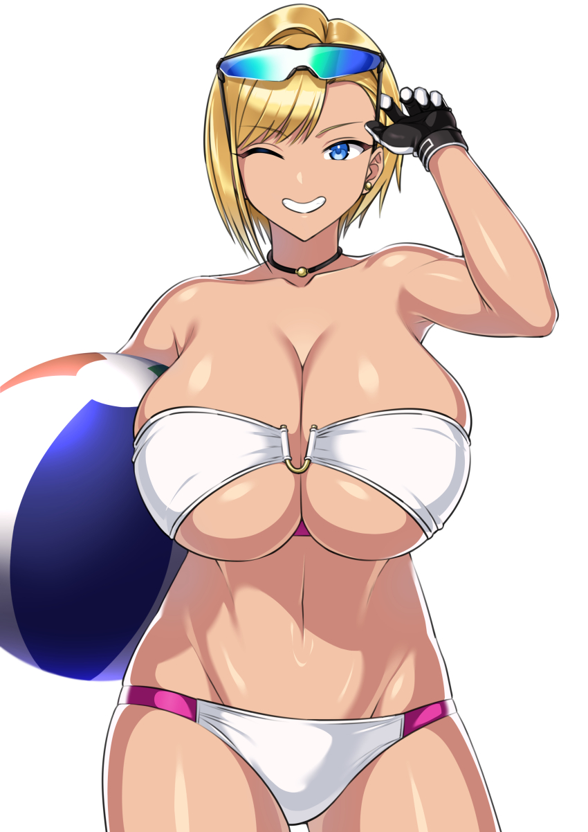 1girl absurdres ball beachball bikini black_gloves blonde_hair blue_eyes breasts dolphin_wave gloves highres huge_breasts murahaya_mashio one_eye_closed short_hair smile solo strapless strapless_bikini sunglasses sunglasses_on_head swimsuit white_background