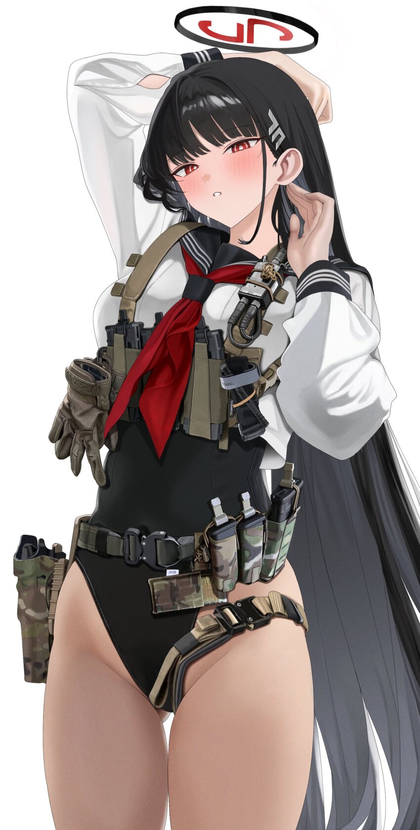 1girl absurdres alternate_costume belt black_hair black_halo black_one-piece_swimsuit blue_archive blue_sailor_collar blush cowboy_shot fte_(fifteen_199) gloves halo highleg highleg_leotard highres holster leotard long_hair long_sleeves magazine_(weapon) neckerchief one-piece_swimsuit parted_lips red_eyes red_neckerchief rio_(blue_archive) sailor_collar shirt simple_background solo swimsuit swimsuit_under_clothes utility_belt utility_vest vest white_background white_shirt