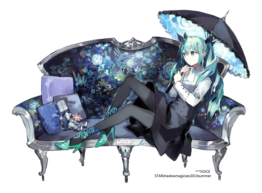 10s 1girl 2013 aqua_eyes aqua_hair aqua_shoes artist_name ascot black_skirt blue_upholstery copyright_name couch female_focus flower hatsune_miku high_heels high_waist long_hair pantyhose patterned_upholstery robot shirt shoes sitting skirt solo starshadowmagician umbrella vocaloid voice_(vocaloid) white_shirt