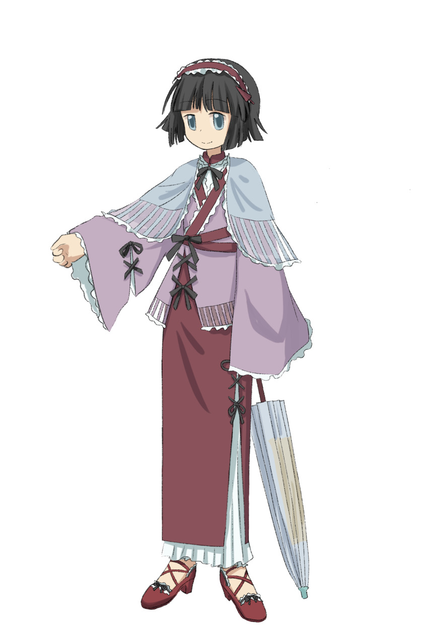 1other adapted_costume amanomiya_jun androgynous baila_kuangzi black_hair black_ribbon blue_eyes closed_mouth closed_umbrella full_body highres holding holding_umbrella len&#039;en long_skirt long_sleeves neck_ribbon other_focus pink_shirt red_shoes red_skirt ribbon shirt shoes short_hair simple_background skirt smile solo two-sided_fabric two-sided_sleeves umbrella white_background wide_sleeves