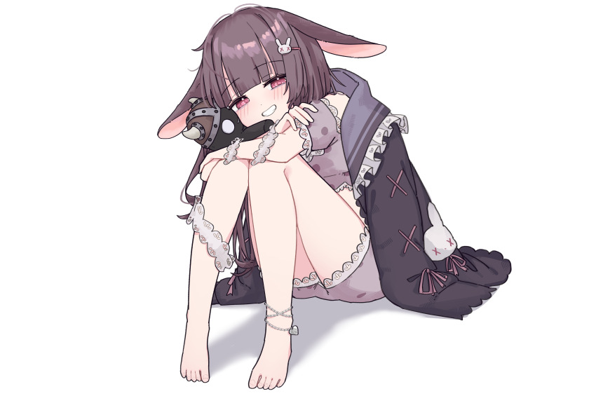 1girl absurdres animal_ears ankle_bracelets anklet arms_on_knees barefoot blush braid fallenshadow fallenshadow_(pajamas) flat_chest frilled_shirt frilled_shorts frilled_wristband frills grin hair_ornament hairpin highres holding holding_stuffed_toy indie_virtual_youtuber jacket jacket_on_shoulders jewelry knees_up looking_at_viewer lop_rabbit_ears navel official_alternate_costume official_alternate_hairstyle on_floor pajamas pink_eyes pink_pajamas purple_hair rabbit_ears rabbit_hair_ornament ribbon shirt shorts simple_background sitting smile stuffed_toy teeth toenails triple_ahoge twin_braids virtual_youtuber white_background x_hair_ornament