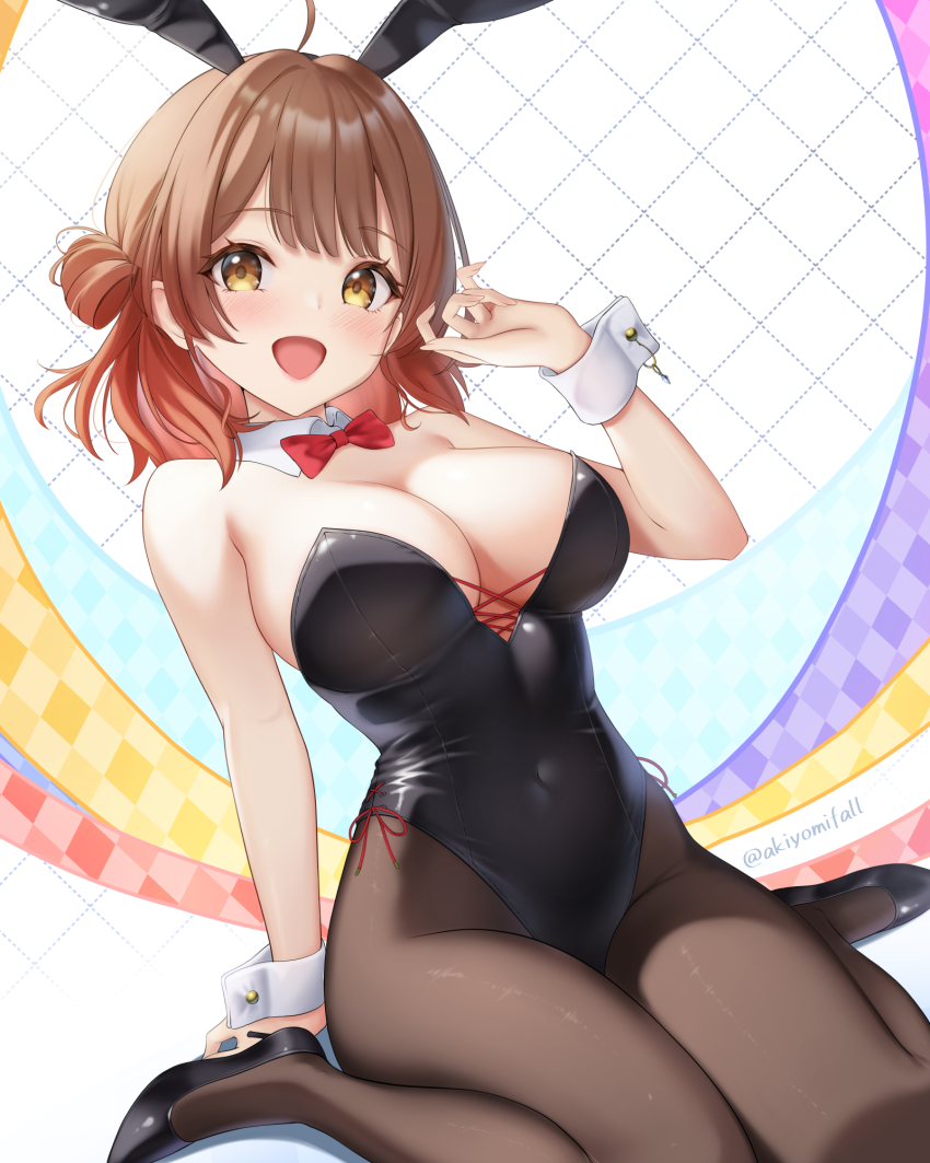 1girl ahoge akiei animal_ear_hairband animal_ears argyle_background black_leotard black_shoes blush bow bowtie breasts brown_hair brown_pantyhose commentary_request covered_navel detached_collar dotted_line fake_animal_ears fingernails gakuen_idolmaster gradient_hair hairband hanami_ume high_heels highres hiphighs idolmaster large_breasts leotard looking_at_viewer multicolored_hair orange_hair pantyhose playboy_bunny rabbit_ear_hairband rabbit_ears red_bow red_bowtie shoes sitting smile solo strapless strapless_leotard twitter_username wariza wrist_cuffs