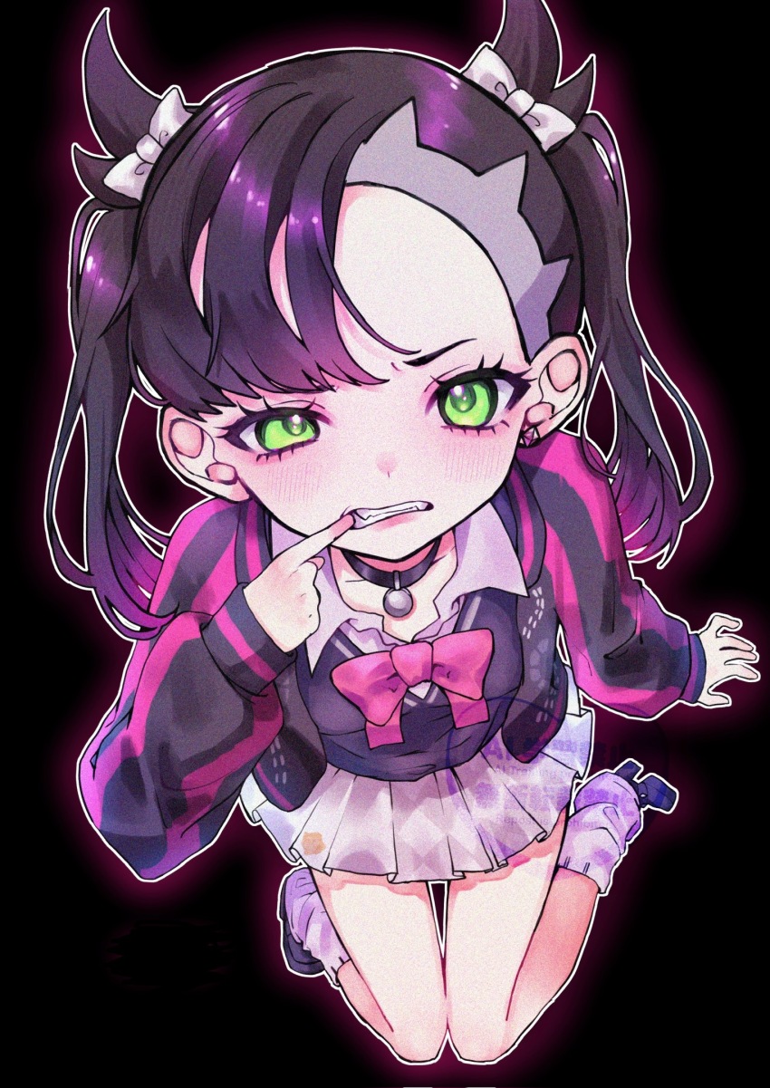 1girl black_background black_collar black_hair bow bowtie clenched_teeth collar collarbone commentary_request earrings eyelashes full_body green_eyes hair_bow hand_up high_heels highres jewelry long_hair long_sleeves loose_socks marnie_(academy)_(pokemon) marnie_(pokemon) mouth_pull na8_8n nintendo official_alternate_costume outline pink_bow pink_bowtie pleated_skirt pokemon pokemon_masters_ex skirt socks solo sweater teeth twintails white_bow
