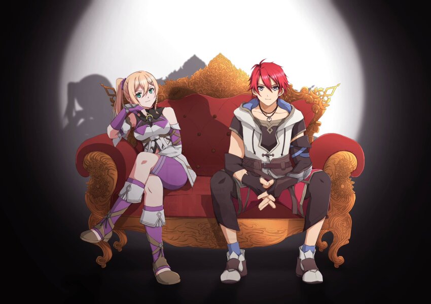 1boy 1girl adol_christin bare_shoulders blonde_hair boots couch crossed_legs detached_sleeves double-parted_bangs green_eyes grey_eyes hair_between_eyes highres hood hood_down hoodie jewelry karja_balta konohanaillust long_hair looking_at_viewer pendant red_hair shadow shoes short_hair side_ponytail sitting smile sneakers ys ys_x:_nordics