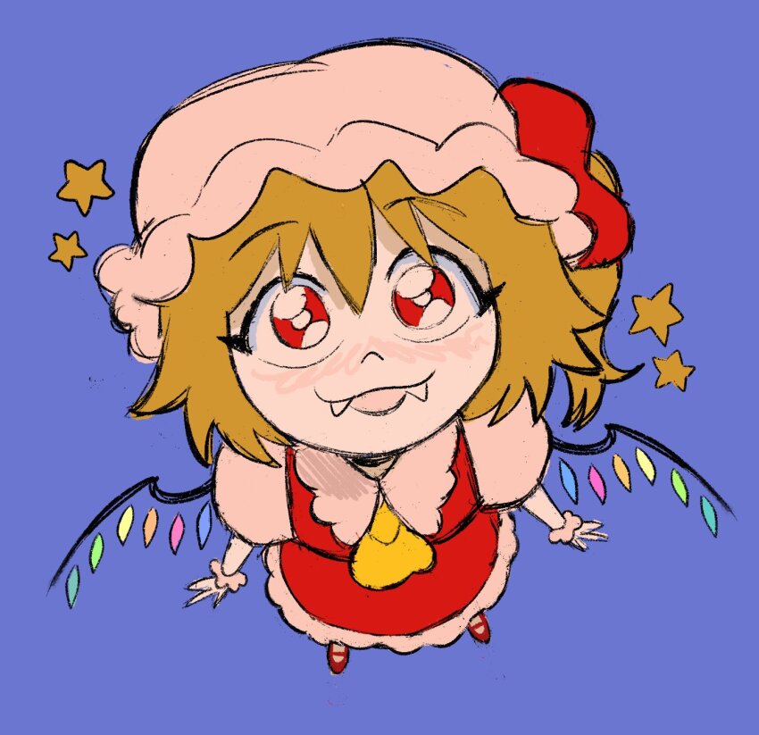 1girl blonde_hair blue_background blue_gemstone blush bright_pupils fangs fangs_out flandre_scarlet flandrepudding frilled_shirt frilled_shirt_collar frilled_skirt frilled_wristband frills gem green_gemstone hair_between_eyes happy hat hat_ornament hat_ribbon highres jewelry looking_at_viewer looking_up mary_janes medium_hair mob_cap nose_blush open_mouth orange_gemstone pink_gemstone pleading_eyes ponytail puffy_short_sleeves puffy_sleeves red_eyes red_footwear red_ribbon red_skirt red_vest ribbon shirt shoes short_sleeves side_ponytail simple_background sketch skirt smile star_(symbol) touhou vampire vest white_pupils white_shirt wings wristband yellow_gemstone
