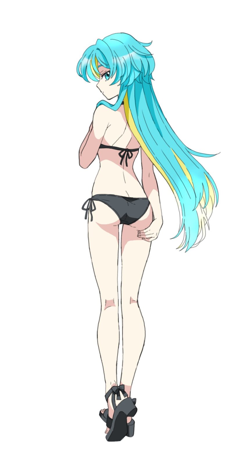 1girl ass back bikini black_bikini black_sandals blonde_hair blue_eyes blue_hair butt_crack closed_mouth colored_inner_hair commentary_request expressionless from_behind full_body highres looking_at_viewer looking_back multicolored_hair natto063 ragnarok_online sandals simple_background simulation_juncea solo standing swimsuit white_background