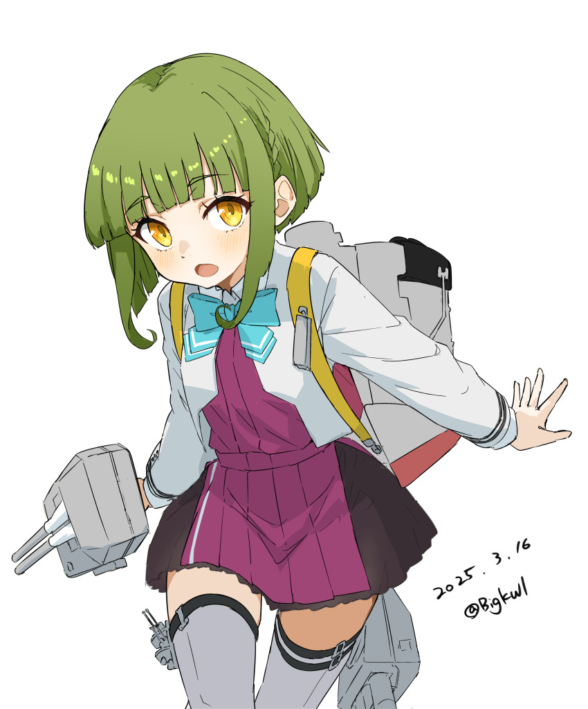 1girl absurdres adapted_turret aqua_bow aqua_bowtie bigkwl blush bob_cut bow bowtie braid brown_eyes cowboy_shot dated green_hair grey_thighhighs highres jacket kantai_collection long_sleeves looking_at_viewer machinery open_mouth pleated_skirt purple_skirt purple_vest rigging school_uniform ship_turret shirt short_hair short_hair_with_long_locks sidelocks skirt smokestack solo takanami_(kancolle) takanami_kai_ni_(kancolle) thighhighs torpedo_launcher torpedo_tubes twitter_username vest wavy_hair white_background white_shirt