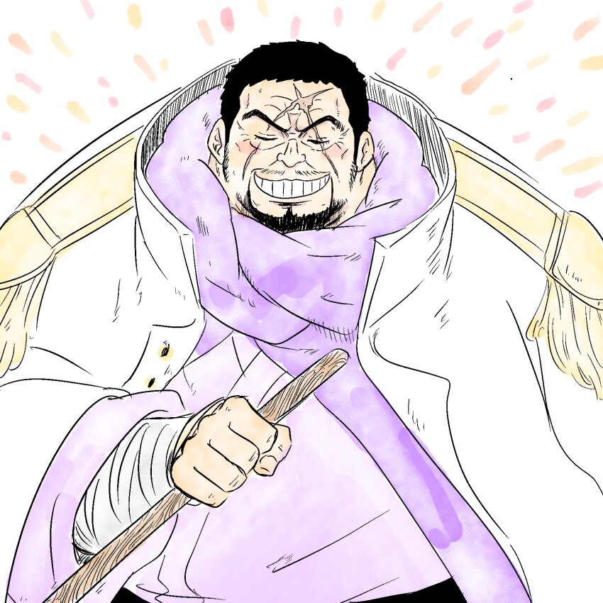 1boy beard black_hair blind blush blush_stickers broad_shoulders closed_eyes coat cross_scar facial_hair fujitora_(one_piece) goatee happy_aura highres holding holding_sword holding_weapon japanese_clothes male_focus one_piece saruhiko_(mtmnkmn) scar scar_across_eye scar_on_face sheath short_hair solo sword upper_body weapon