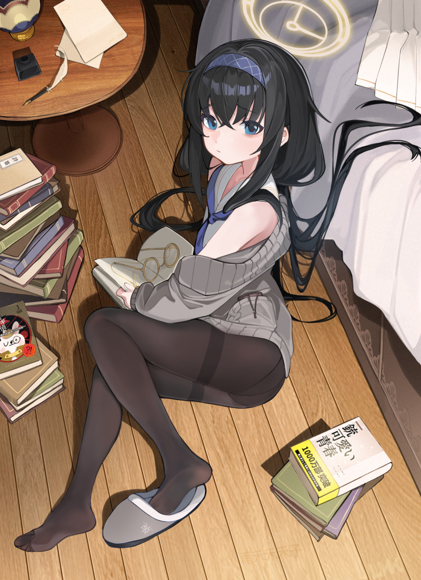 1girl absurdres ass bare_shoulders bed bed_sheet black_hair black_pantyhose blue_archive book book_stack brown_cardigan cardigan closed_mouth commentary_request from_above full_body hair_spread_out hairband halo highres holding holding_book long_hair looking_at_viewer no_shoes pantyhose paper pleated_skirt purple_eyes purple_hairband round_eyewear round_table sailor_collar shirt single_slipper skirt sleeveless sleeveless_shirt slippers soles solo table thighband_pantyhose ui_(blue_archive) unworn_eyewear unworn_skirt white_sailor_collar white_shirt white_skirt yellow-framed_eyewear yellow_halo yuhezi
