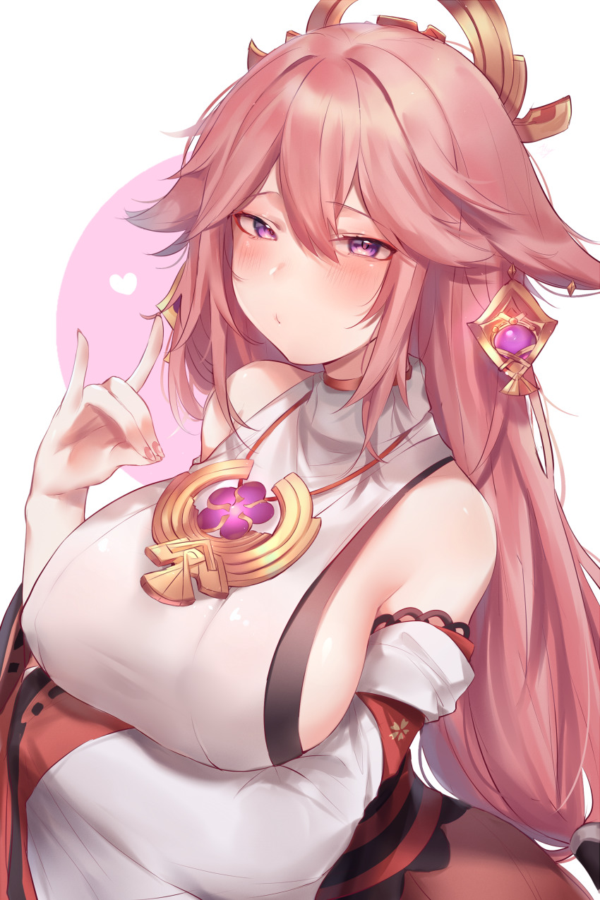 1girl :/ absurdres allze animal_ears arm_under_breasts bare_shoulders breasts closed_mouth covered_erect_nipples detached_sleeves earrings floppy_ears fox_ears fox_shadow_puppet genshin_impact hair_between_eyes hair_ornament hand_up heart highres japanese_clothes jewelry large_breasts long_hair long_sleeves looking_at_viewer miko narrowed_eyes nontraditional_miko pink_hair purple_eyes raised_eyebrows ribbon_trim shiny_skin shirt sideboob sidelocks simple_background sleeveless sleeveless_shirt solo turtleneck upper_body white_background white_shirt white_sleeves yae_miko